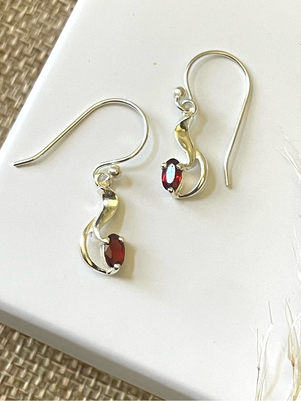 925 sterling silver garnet dangle earrings VIBES easy on ears! (1 inch)